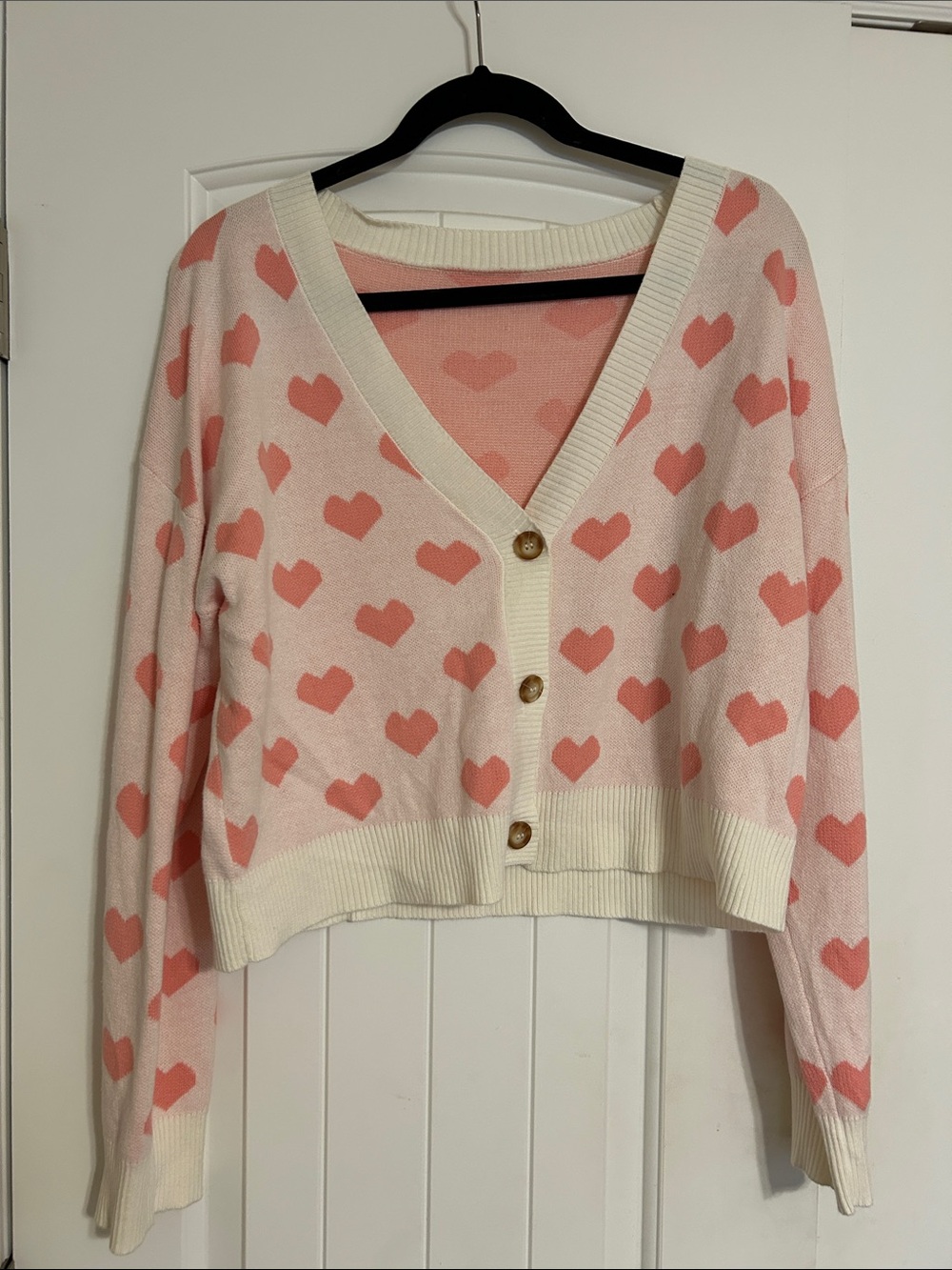 Amazon Pink and Cream Heart-Print V-Neck Button-Up Cardigan and Short Set